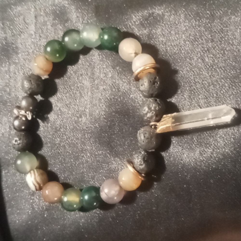 Mens XXL 3in across natural stone beaded bracelet.lava ,quarts, jadeite,magnatit